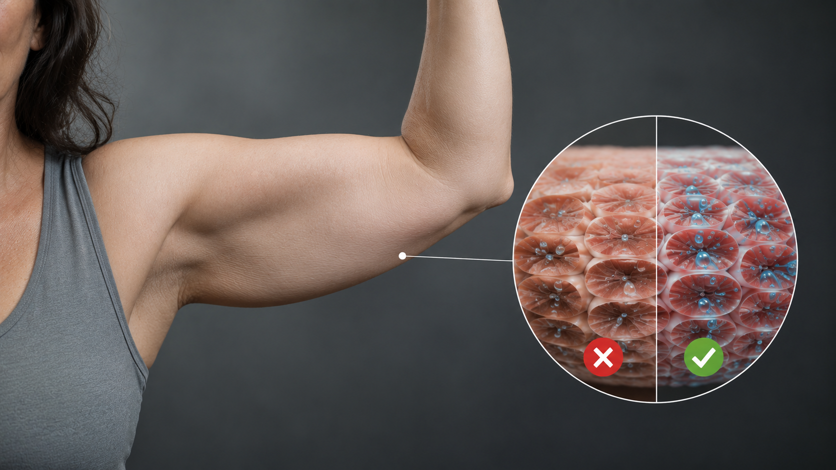 Woman flexing her arm with a close-up showing hydration inside the muscle fibres